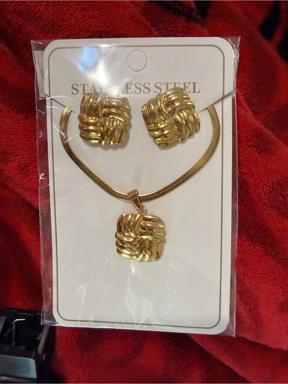 Gold Knot Pendant Necklace and Earring Set - Stainless Steel